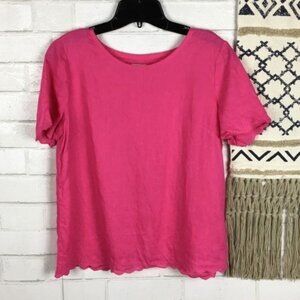 J.Crew Pink 100% Linen Short Sleeve Scalloped Hem Blouse Top Womens Size 2